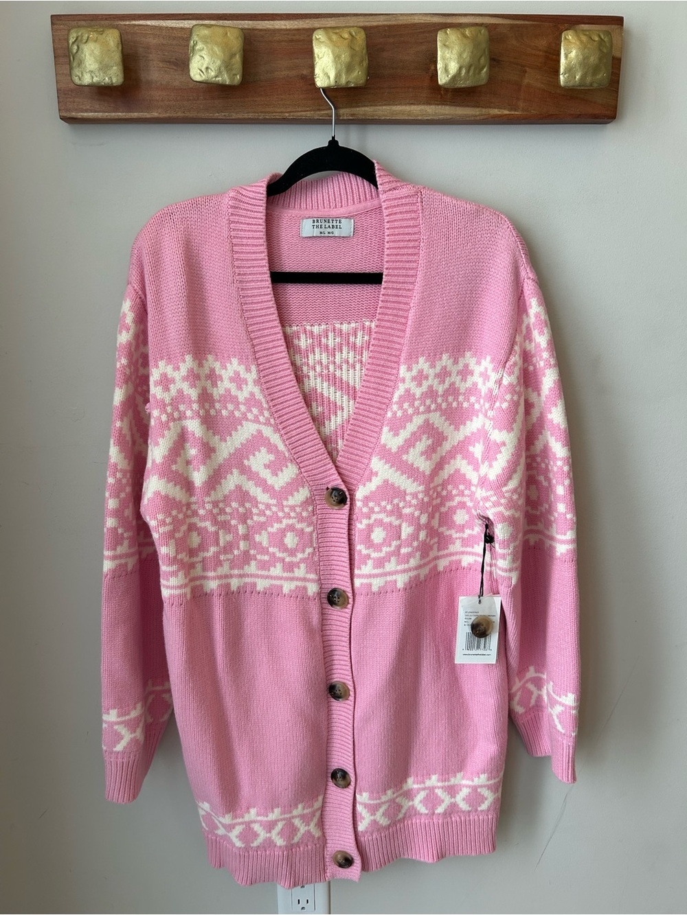 NWT Brunette the Label Pink Fair Isle Oversized Cardigan Apres Ski Cozycore